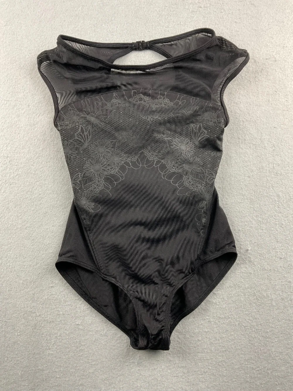 Girls Bloch Black Dance Leotard Mesh Top Floral Pattern Keyhole Back Size 8